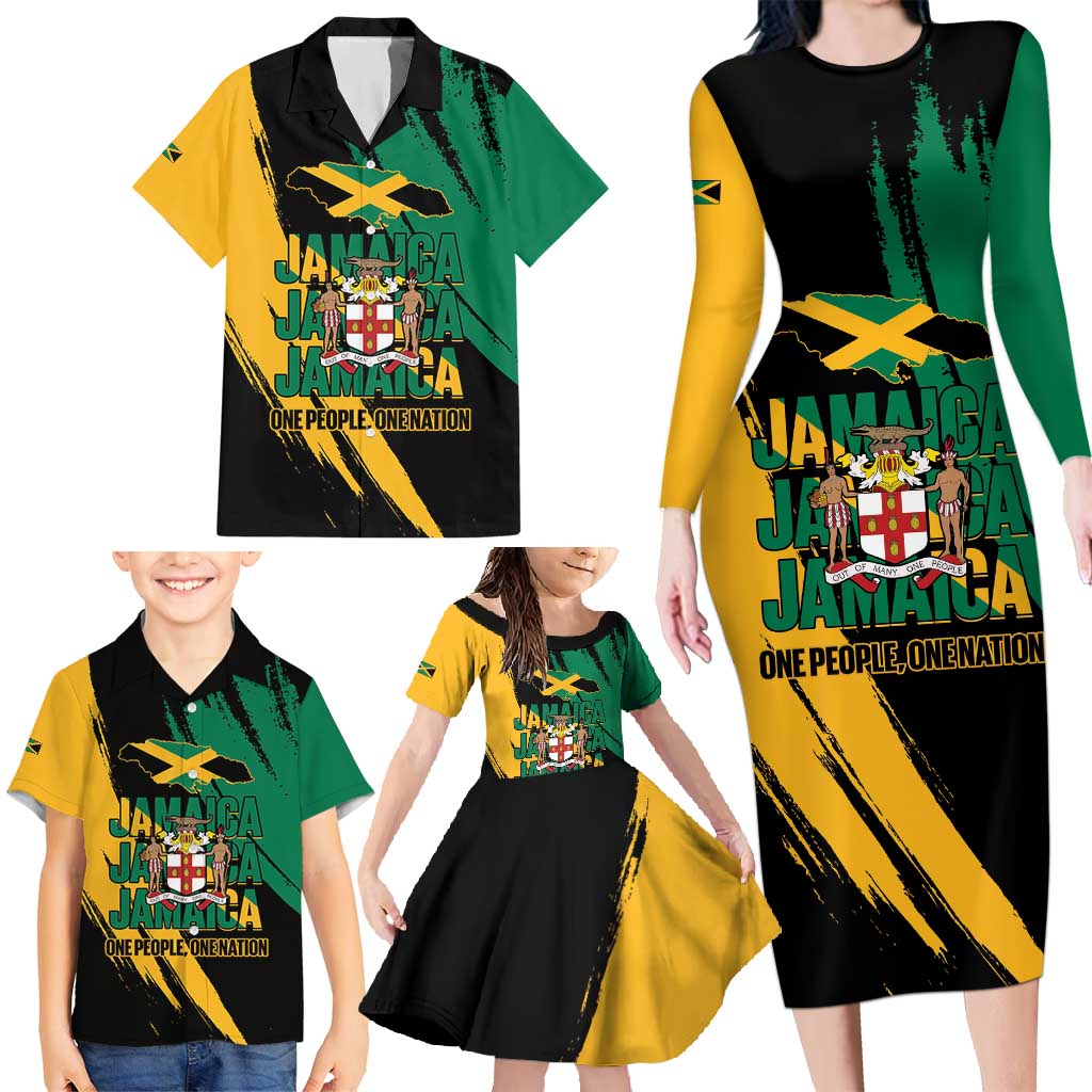 Jamaica Independence Day Family Matching Long Sleeve Bodycon Dress and Hawaiian Shirt One People One Nation