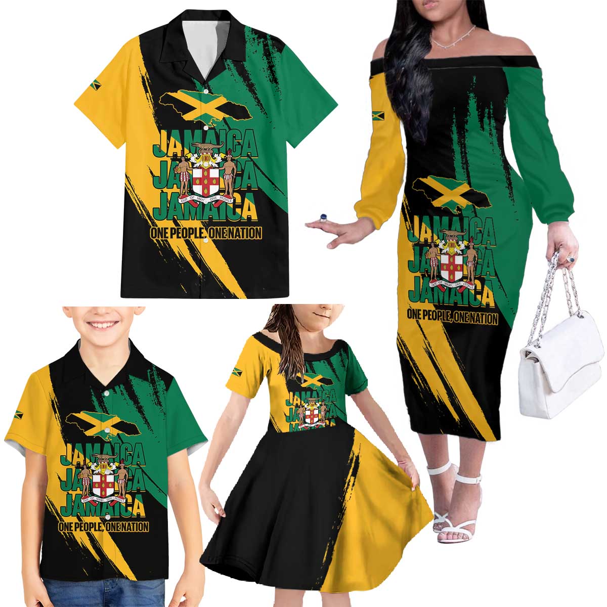 Jamaica Independence Day Family Matching Off The Shoulder Long Sleeve Dress and Hawaiian Shirt One People One Nation