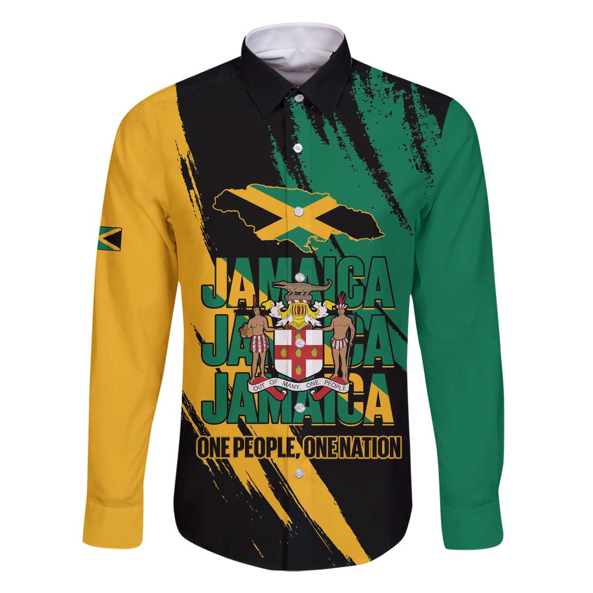 Jamaica Independence Day Family Matching Off The Shoulder Long Sleeve Dress and Hawaiian Shirt One People One Nation
