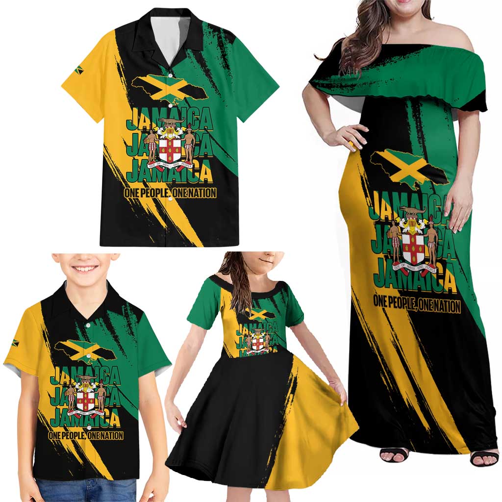 Jamaica Independence Day Family Matching Off Shoulder Maxi Dress and Hawaiian Shirt One People One Nation