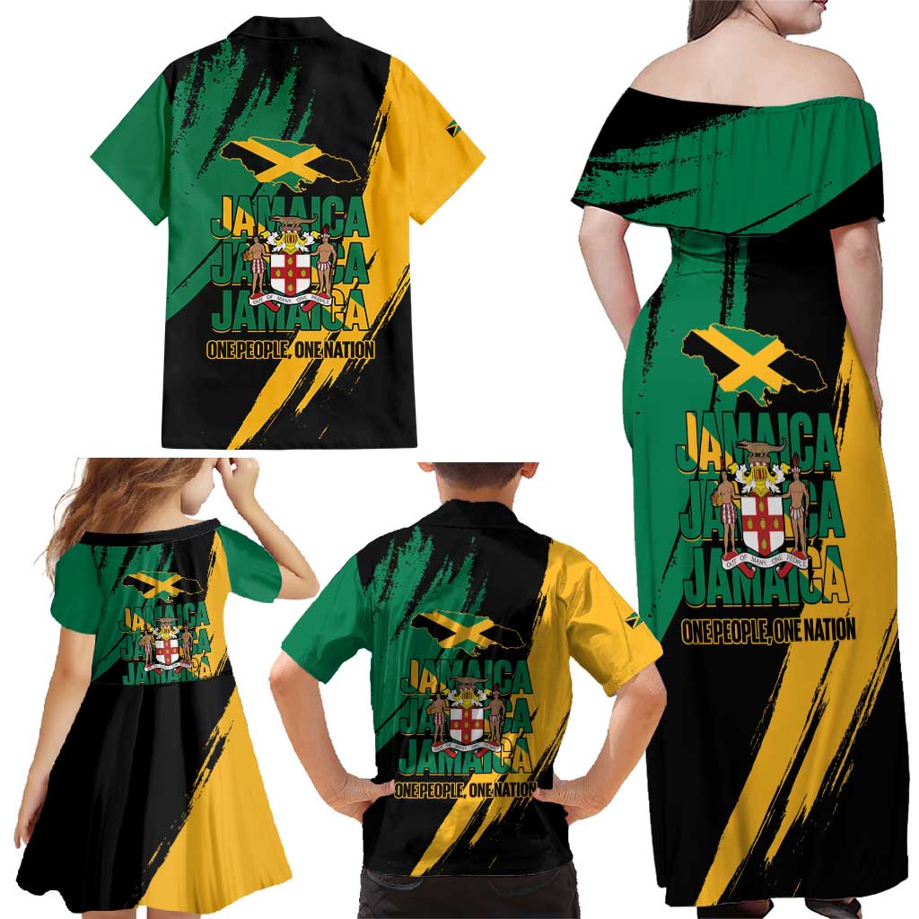 Jamaica Independence Day Family Matching Off Shoulder Maxi Dress and Hawaiian Shirt One People One Nation