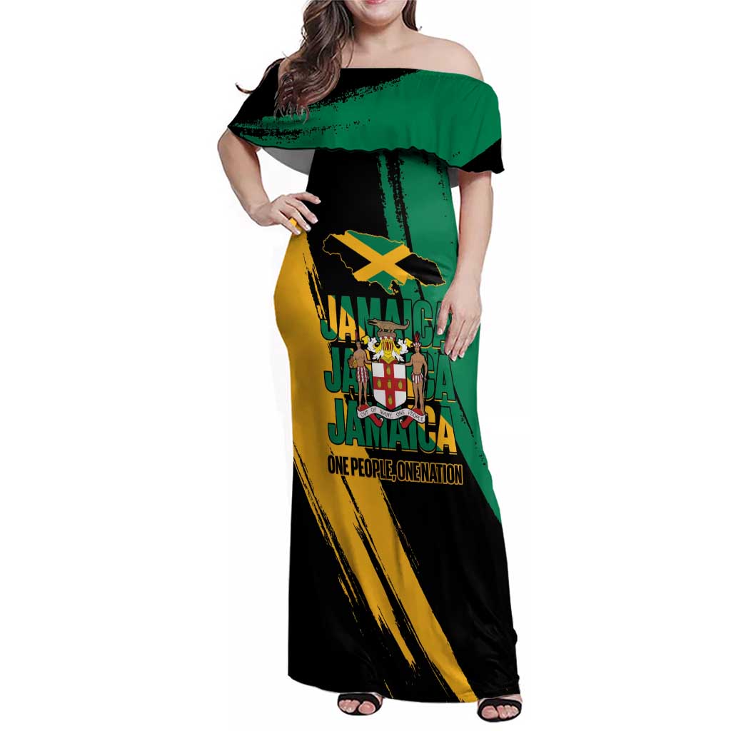Jamaica Independence Day Family Matching Off Shoulder Maxi Dress and Hawaiian Shirt One People One Nation