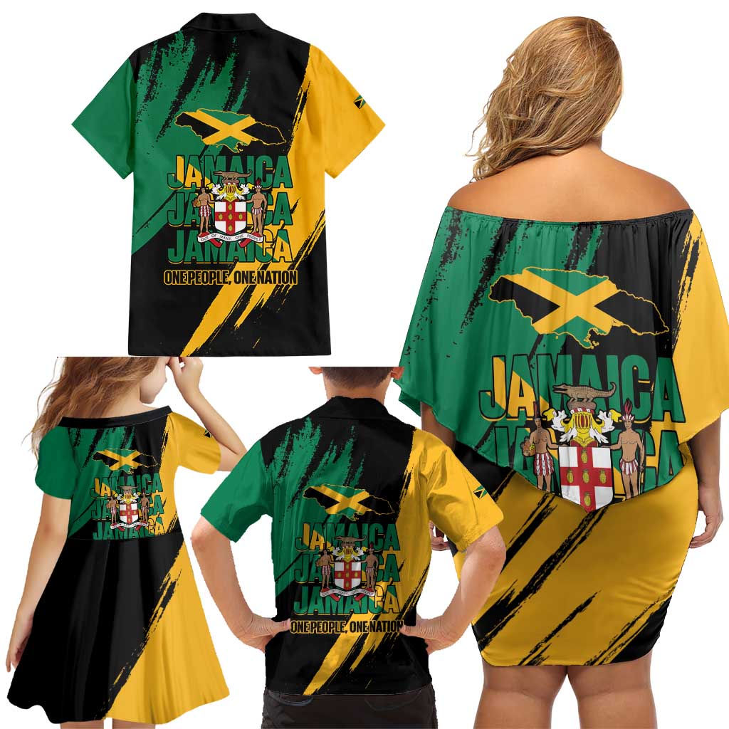 Jamaica Independence Day Family Matching Off Shoulder Short Dress and Hawaiian Shirt One People One Nation