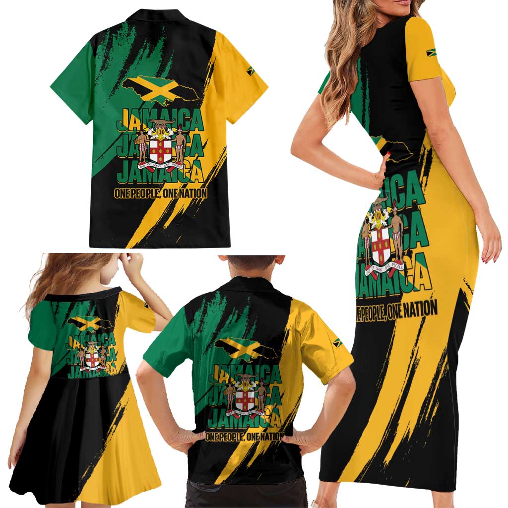 Jamaica Independence Day Family Matching Short Sleeve Bodycon Dress and Hawaiian Shirt One People One Nation