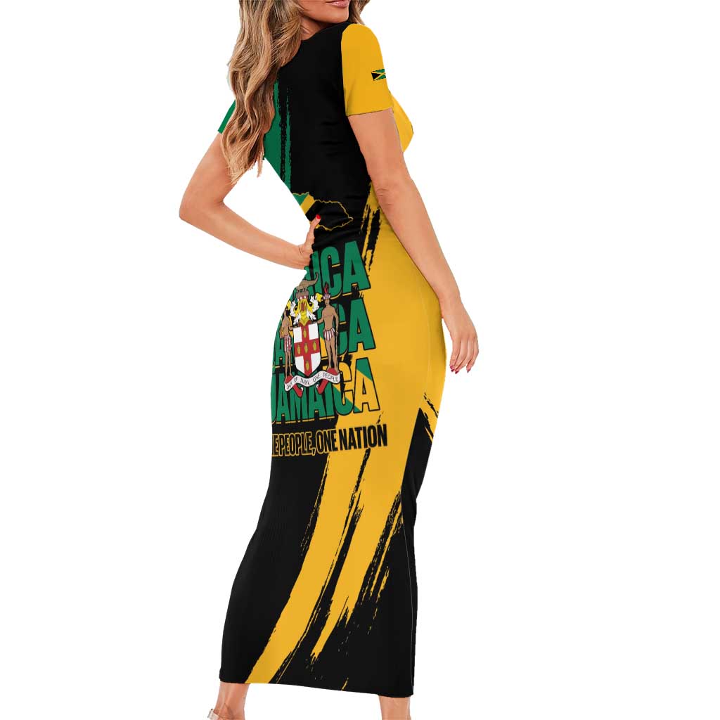 Jamaica Independence Day Family Matching Short Sleeve Bodycon Dress and Hawaiian Shirt One People One Nation