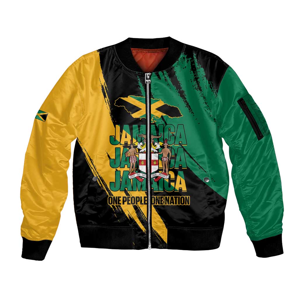 Jamaica Independence Day Sleeve Zip Bomber Jacket One People One Nation