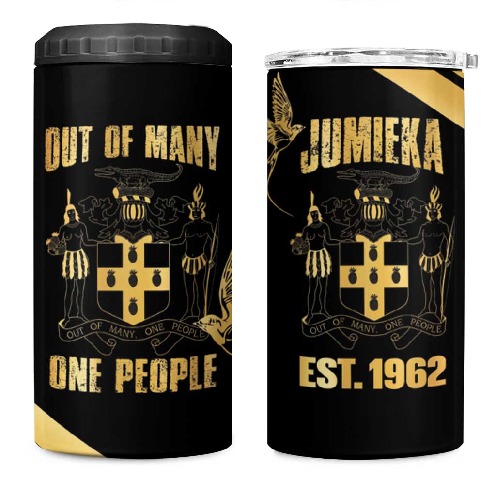 Jamaica Independence Day 4 in 1 Can Cooler Tumbler Out Of Many One People Gold Color