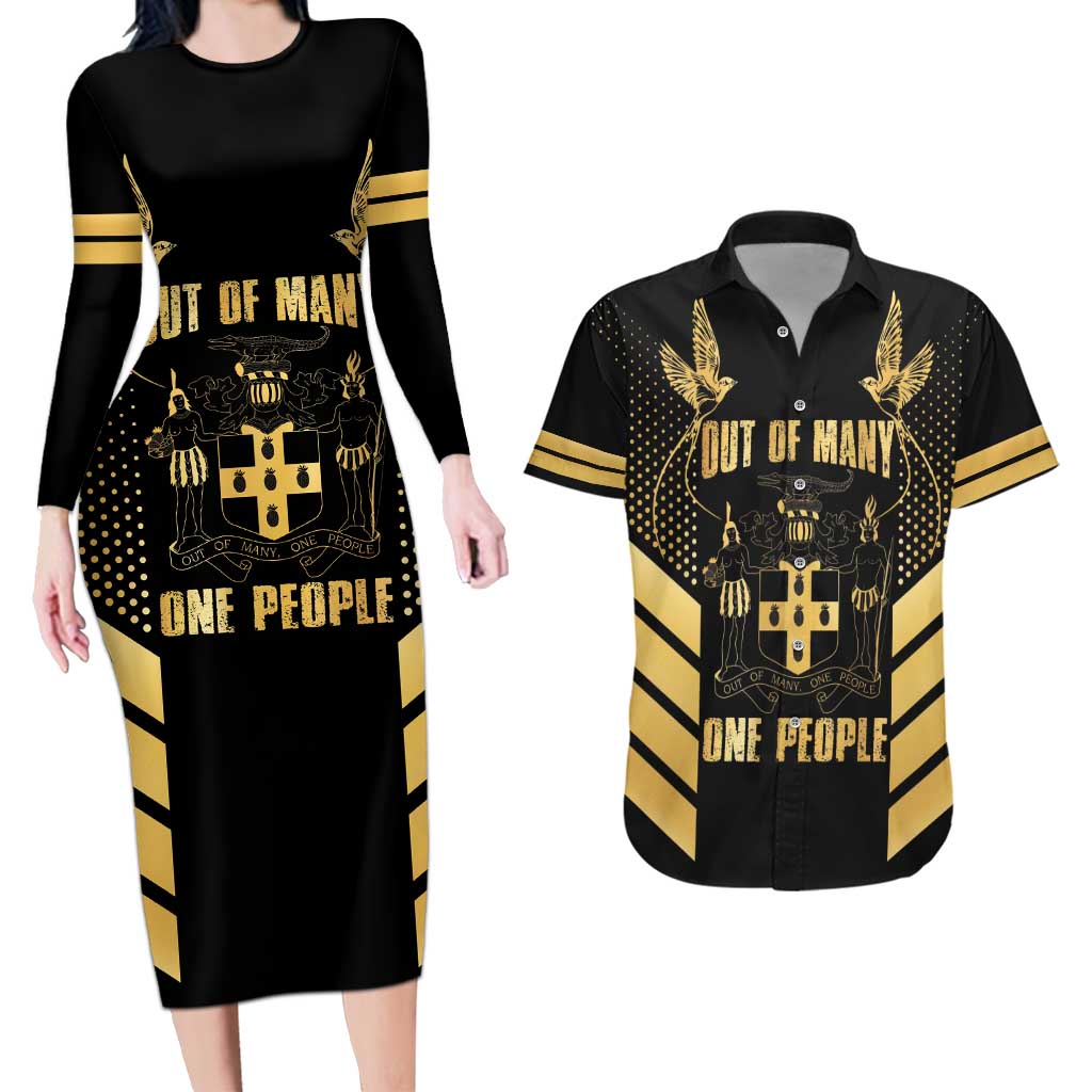 Jamaica Independence Day Couples Matching Long Sleeve Bodycon Dress and Hawaiian Shirt Out Of Many One People Gold Color