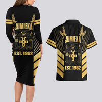 Jamaica Independence Day Couples Matching Long Sleeve Bodycon Dress and Hawaiian Shirt Out Of Many One People Gold Color