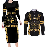 Jamaica Independence Day Couples Matching Long Sleeve Bodycon Dress and Long Sleeve Button Shirt Out Of Many One People Gold Color