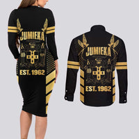 Jamaica Independence Day Couples Matching Long Sleeve Bodycon Dress and Long Sleeve Button Shirt Out Of Many One People Gold Color