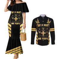 Jamaica Independence Day Couples Matching Mermaid Dress and Long Sleeve Button Shirt Out Of Many One People Gold Color