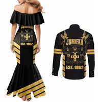 Jamaica Independence Day Couples Matching Mermaid Dress and Long Sleeve Button Shirt Out Of Many One People Gold Color