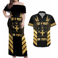 Jamaica Independence Day Couples Matching Off Shoulder Maxi Dress and Hawaiian Shirt Out Of Many One People Gold Color