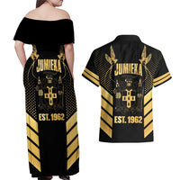 Jamaica Independence Day Couples Matching Off Shoulder Maxi Dress and Hawaiian Shirt Out Of Many One People Gold Color