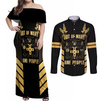 Jamaica Independence Day Couples Matching Off Shoulder Maxi Dress and Long Sleeve Button Shirt Out Of Many One People Gold Color