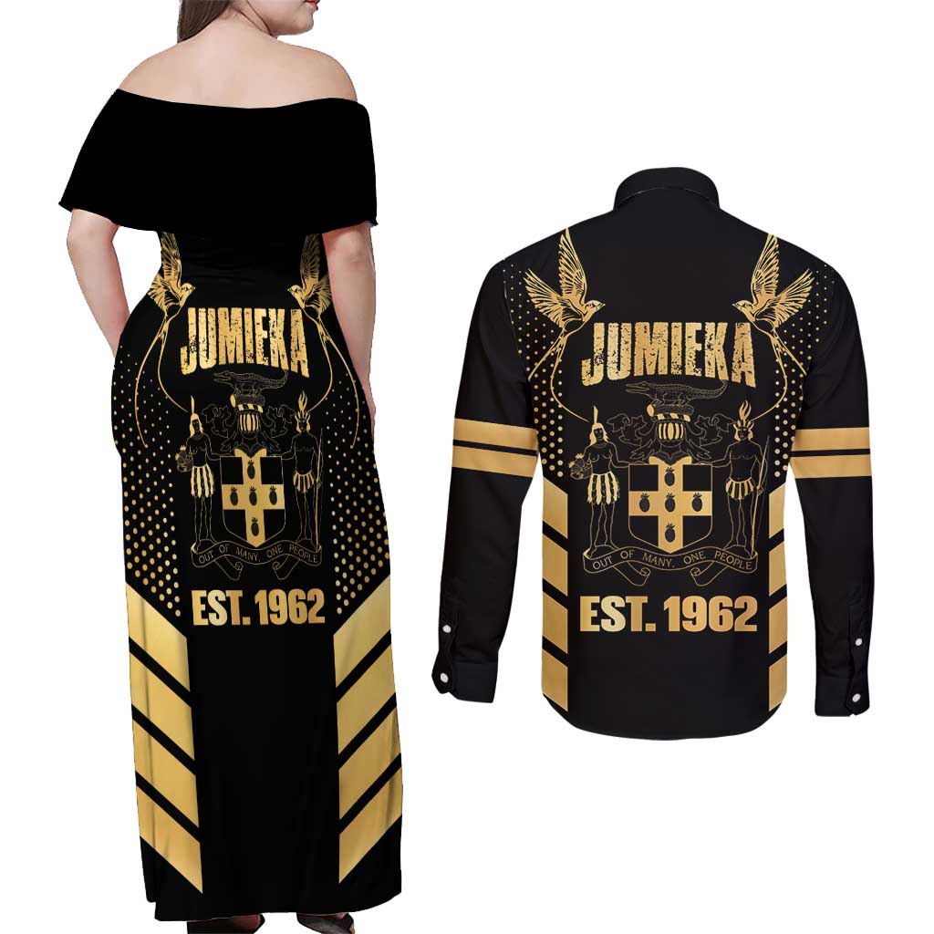 Jamaica Independence Day Couples Matching Off Shoulder Maxi Dress and Long Sleeve Button Shirt Out Of Many One People Gold Color