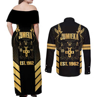 Jamaica Independence Day Couples Matching Off Shoulder Maxi Dress and Long Sleeve Button Shirt Out Of Many One People Gold Color