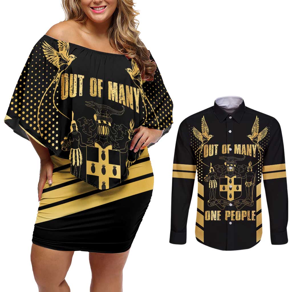 Jamaica Independence Day Couples Matching Off Shoulder Short Dress and Long Sleeve Button Shirt Out Of Many One People Gold Color