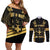 Jamaica Independence Day Couples Matching Off Shoulder Short Dress and Long Sleeve Button Shirt Out Of Many One People Gold Color