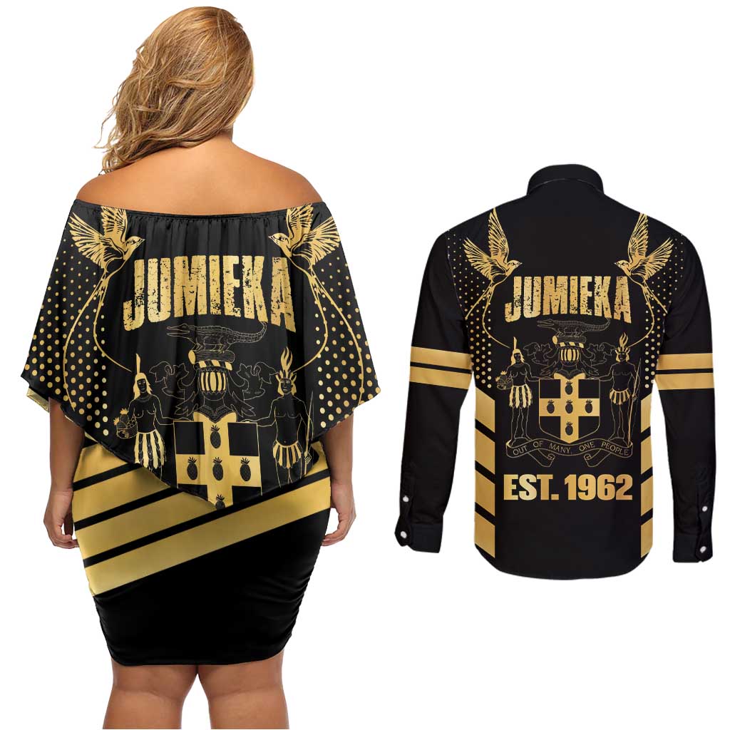 Jamaica Independence Day Couples Matching Off Shoulder Short Dress and Long Sleeve Button Shirt Out Of Many One People Gold Color