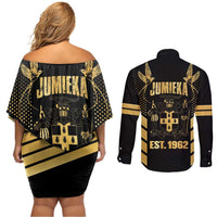 Jamaica Independence Day Couples Matching Off Shoulder Short Dress and Long Sleeve Button Shirt Out Of Many One People Gold Color