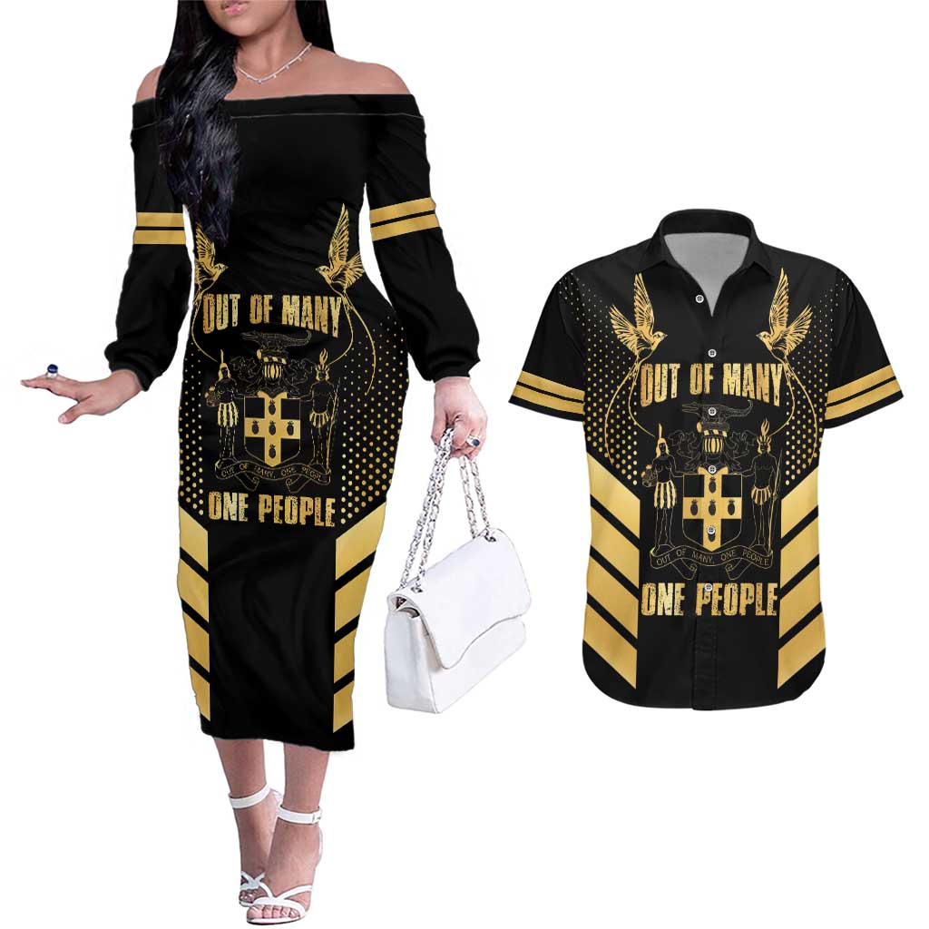 Jamaica Independence Day Couples Matching Off The Shoulder Long Sleeve Dress and Hawaiian Shirt Out Of Many One People Gold Color