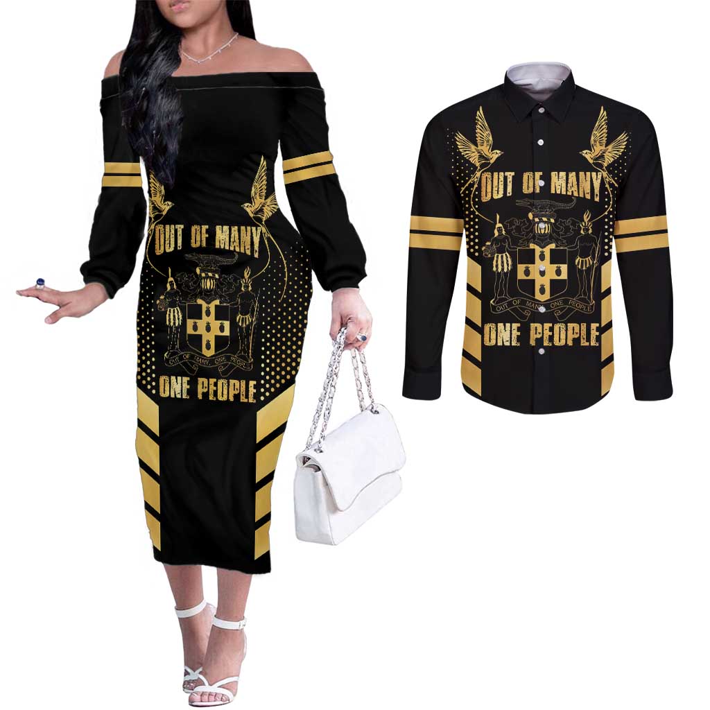 Jamaica Independence Day Couples Matching Off The Shoulder Long Sleeve Dress and Long Sleeve Button Shirt Out Of Many One People Gold Color