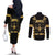 Jamaica Independence Day Couples Matching Off The Shoulder Long Sleeve Dress and Long Sleeve Button Shirt Out Of Many One People Gold Color
