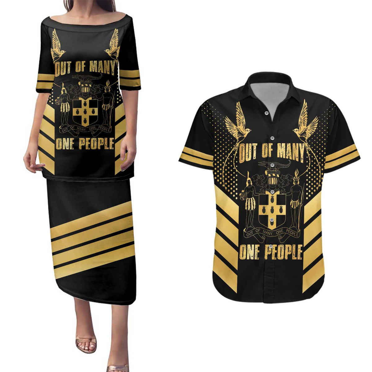 Jamaica Independence Day Couples Matching Puletasi and Hawaiian Shirt Out Of Many One People Gold Color
