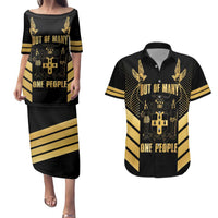 Jamaica Independence Day Couples Matching Puletasi and Hawaiian Shirt Out Of Many One People Gold Color