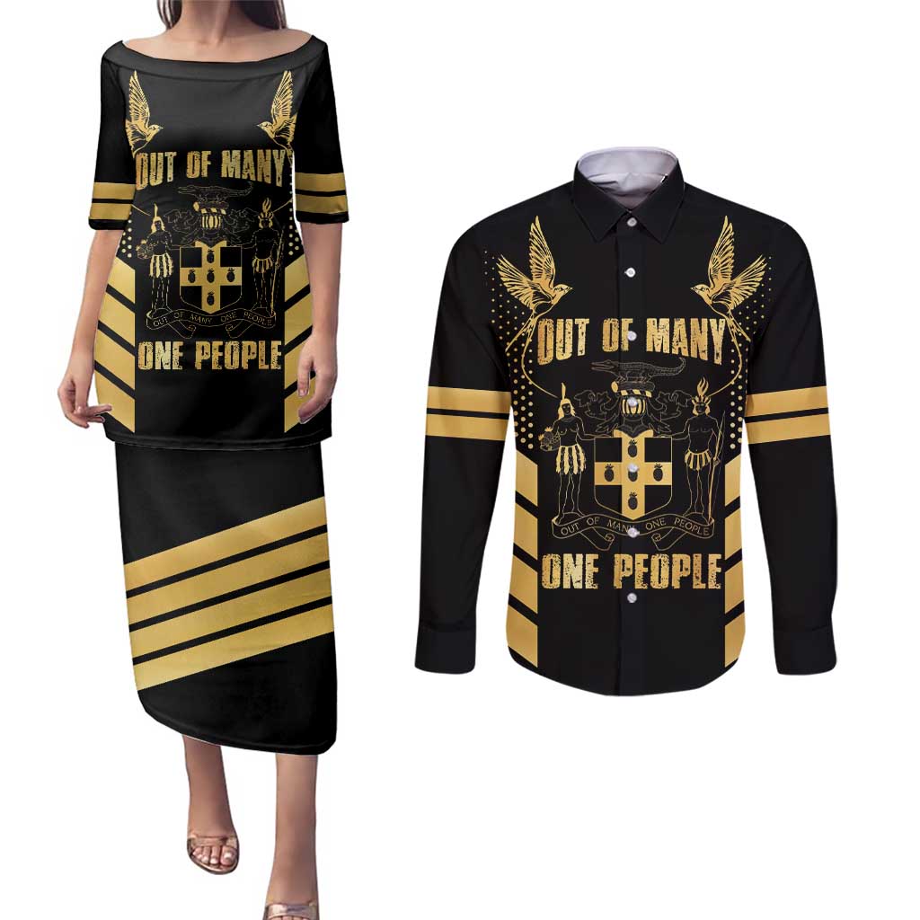 Jamaica Independence Day Couples Matching Puletasi and Long Sleeve Button Shirt Out Of Many One People Gold Color