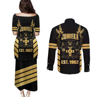 Jamaica Independence Day Couples Matching Puletasi and Long Sleeve Button Shirt Out Of Many One People Gold Color