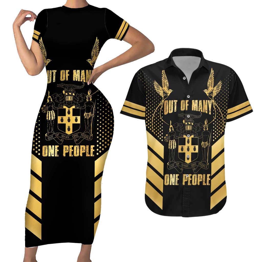 Jamaica Independence Day Couples Matching Short Sleeve Bodycon Dress and Hawaiian Shirt Out Of Many One People Gold Color