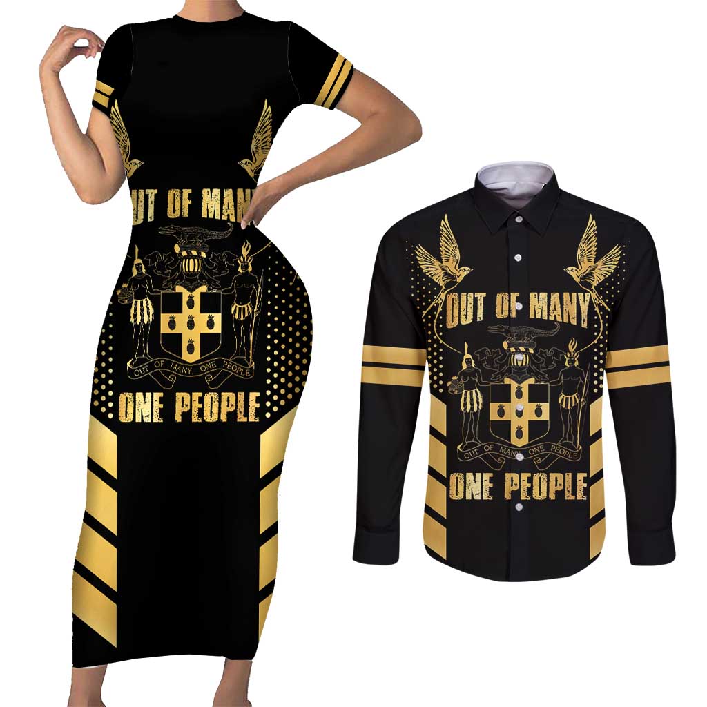Jamaica Independence Day Couples Matching Short Sleeve Bodycon Dress and Long Sleeve Button Shirt Out Of Many One People Gold Color