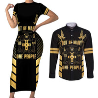 Jamaica Independence Day Couples Matching Short Sleeve Bodycon Dress and Long Sleeve Button Shirt Out Of Many One People Gold Color