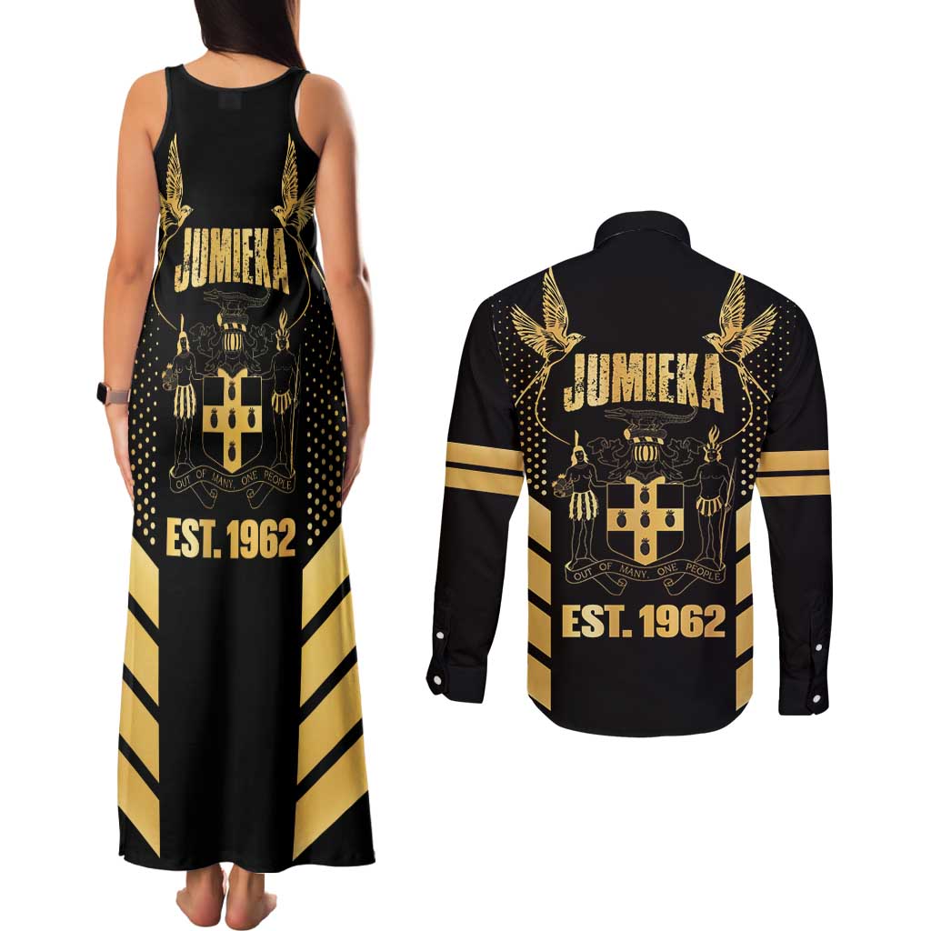 Jamaica Independence Day Couples Matching Tank Maxi Dress and Long Sleeve Button Shirt Out Of Many One People Gold Color