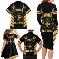 Jamaica Independence Day Family Matching Long Sleeve Bodycon Dress and Hawaiian Shirt Out Of Many One People Gold Color