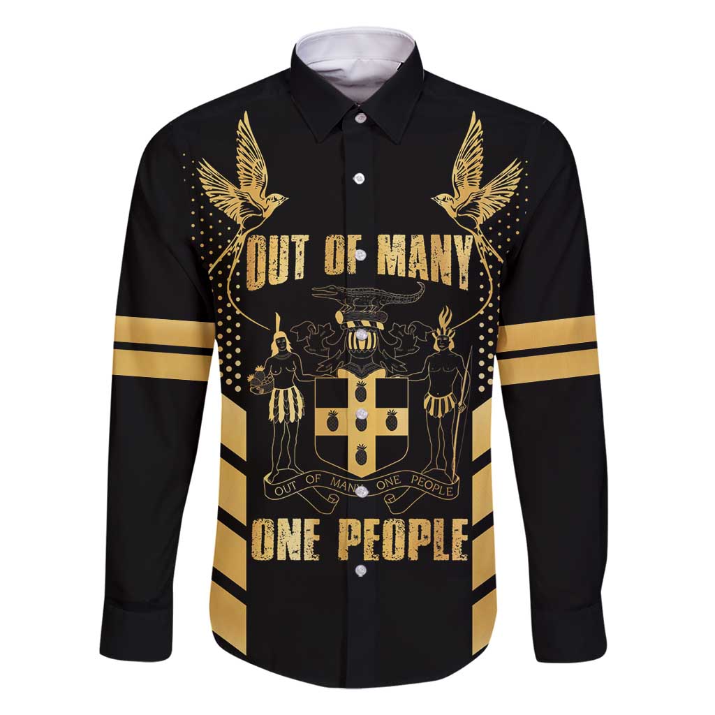 Jamaica Independence Day Family Matching Long Sleeve Bodycon Dress and Hawaiian Shirt Out Of Many One People Gold Color