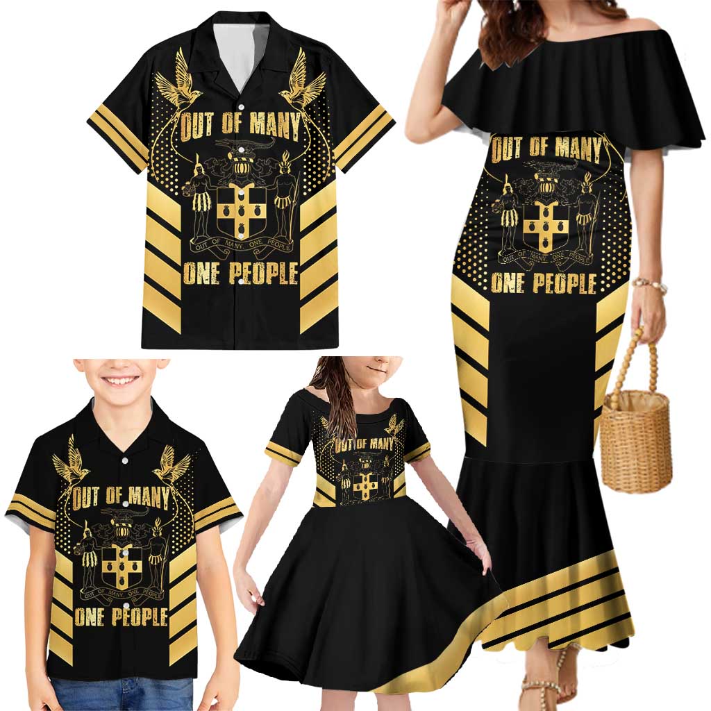 Jamaica Independence Day Family Matching Mermaid Dress and Hawaiian Shirt Out Of Many One People Gold Color