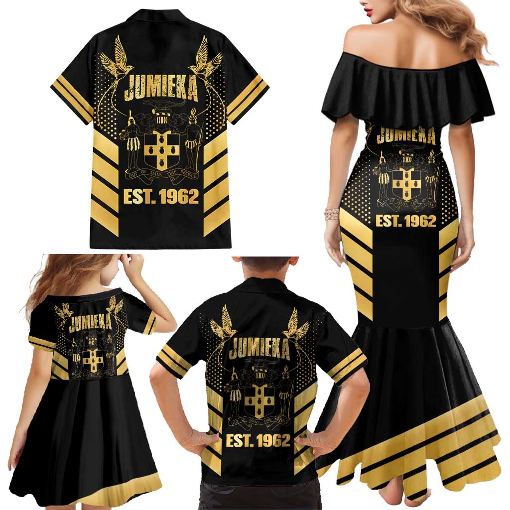 Jamaica Independence Day Family Matching Mermaid Dress and Hawaiian Shirt Out Of Many One People Gold Color