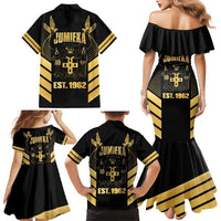 Jamaica Independence Day Family Matching Mermaid Dress and Hawaiian Shirt Out Of Many One People Gold Color