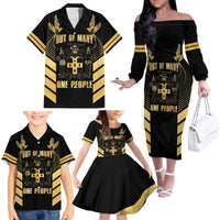 Jamaica Independence Day Family Matching Off The Shoulder Long Sleeve Dress and Hawaiian Shirt Out Of Many One People Gold Color