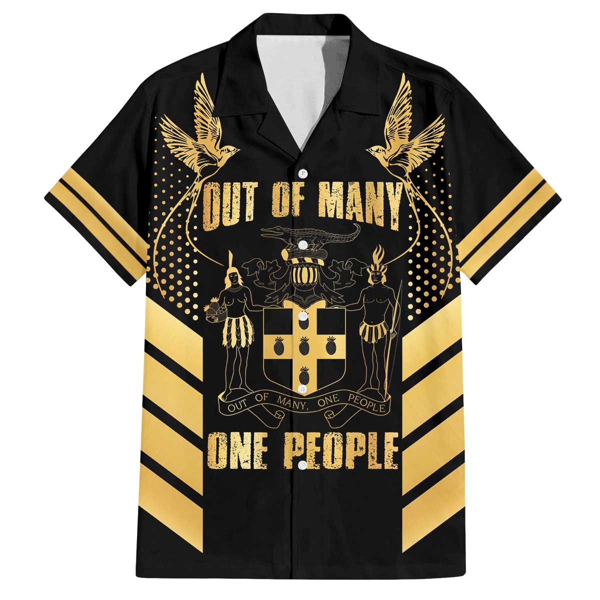 Jamaica Independence Day Family Matching Off The Shoulder Long Sleeve Dress and Hawaiian Shirt Out Of Many One People Gold Color