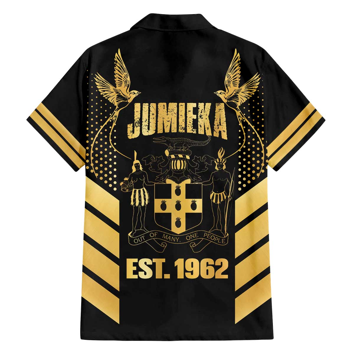 Jamaica Independence Day Family Matching Off The Shoulder Long Sleeve Dress and Hawaiian Shirt Out Of Many One People Gold Color