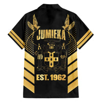 Jamaica Independence Day Family Matching Off The Shoulder Long Sleeve Dress and Hawaiian Shirt Out Of Many One People Gold Color