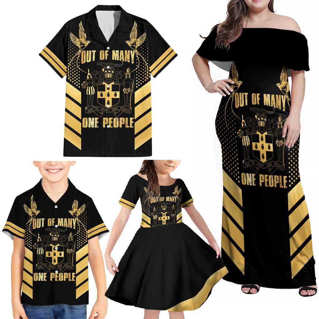 Jamaica Independence Day Family Matching Off Shoulder Maxi Dress and Hawaiian Shirt Out Of Many One People Gold Color