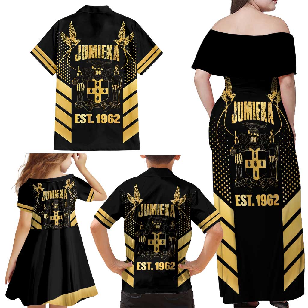 Jamaica Independence Day Family Matching Off Shoulder Maxi Dress and Hawaiian Shirt Out Of Many One People Gold Color