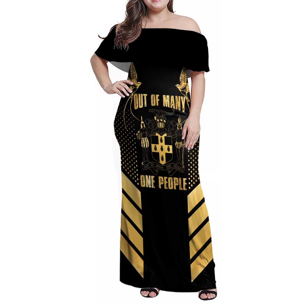 Jamaica Independence Day Family Matching Off Shoulder Maxi Dress and Hawaiian Shirt Out Of Many One People Gold Color