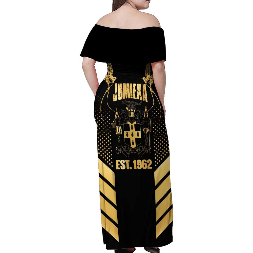 Jamaica Independence Day Family Matching Off Shoulder Maxi Dress and Hawaiian Shirt Out Of Many One People Gold Color